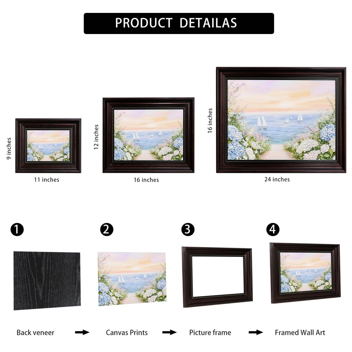 Dark Brown Framed Powder Blue Coastal Hydrangea Canvas Wall Art 16x24 in (Coastal Hydrangea / 24"L x 16"W)