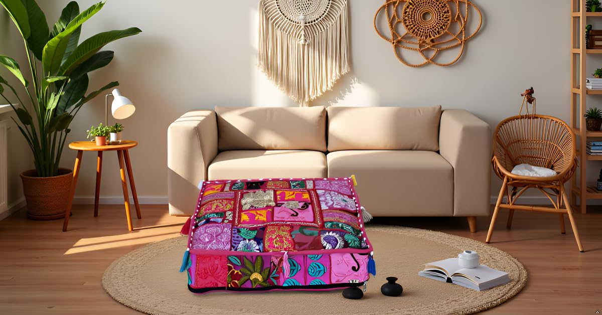Indian Square Patchwork Traditional Pouf Cover Indian Living Room Poufs Decorative Embroidered Designer Ottoman Home Living Footstool Chair Cover Decor Pillow Cover 16x16x5 inches (16"D x 16"W x 5"H / Pink)