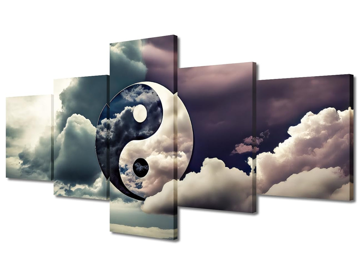 Canvas Wall Art Ethereal Yin Yang In Clouds Five Panel Framed Painting Modern Home Decor Asian Philosophy Wall Art Serene Bedroom Decor Ready to Hang 50" Wx24 H (50''Wx24''H / Artwork-11)