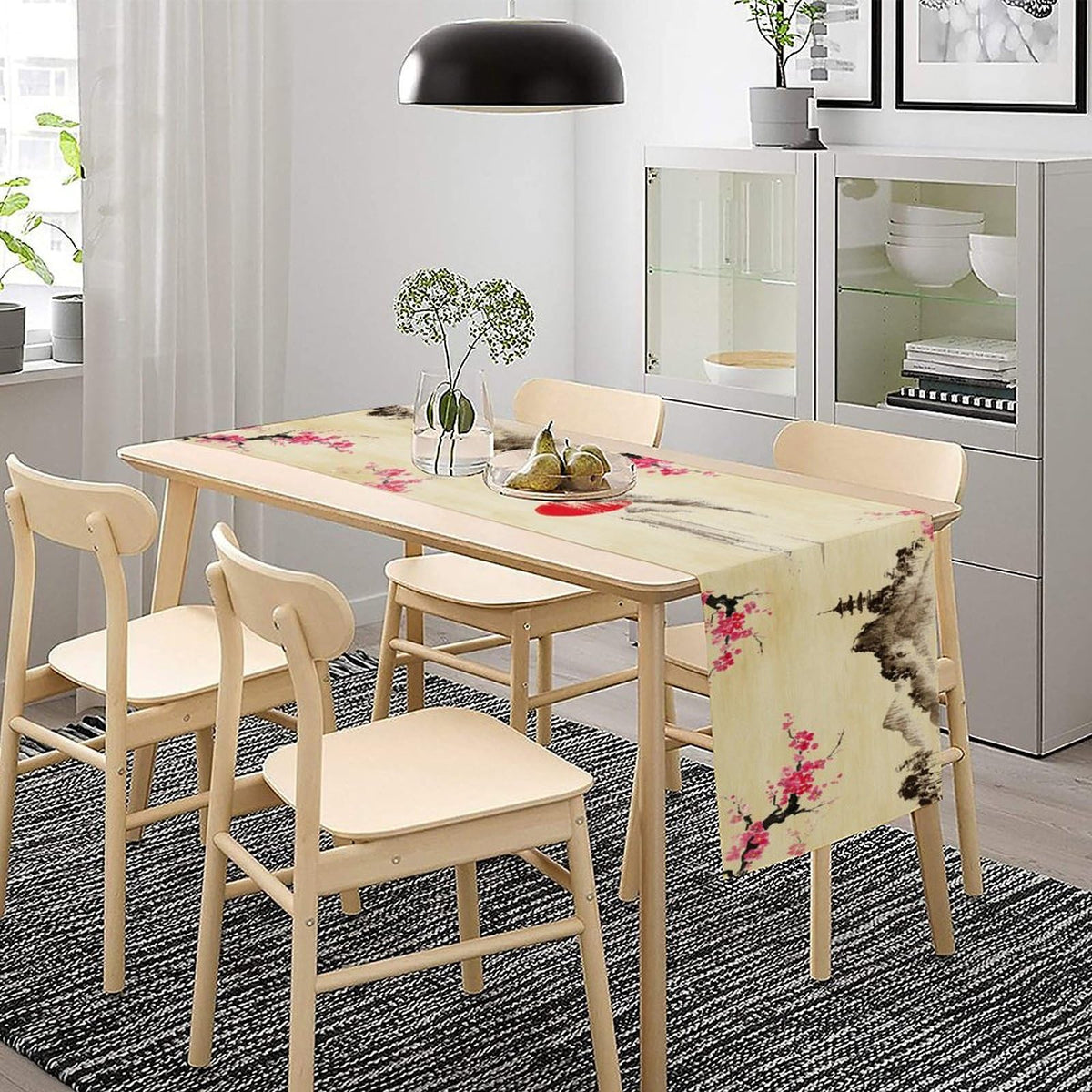 Japanese Cherry Blossom Table Runner Retro Spring Landscape Mountain Plum Floral Tabletop Decor Cover for Holiday Dining Room Party 13x90 Inch (13x90inch / Plum-1)