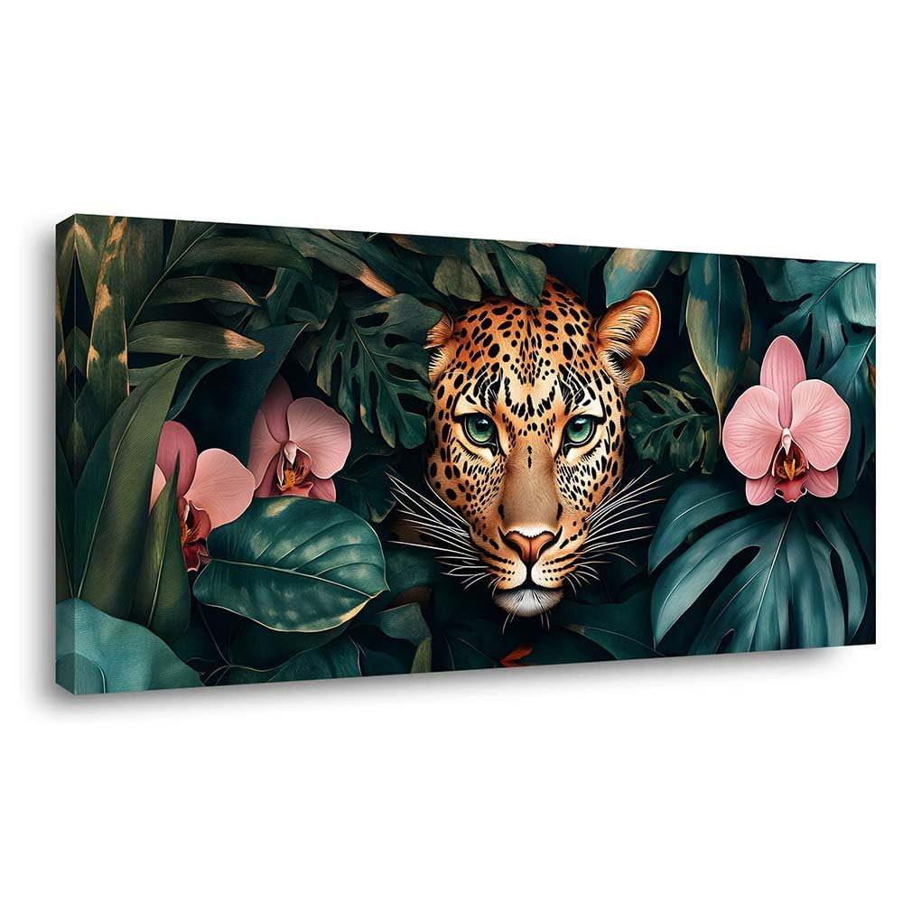 Tropical Jungle Leopard Canvas Wall Art Dark Green Monstera Leaves Pink Orchid Flower Wildlife Painting Print Gallery Wrapped Artwork for Living Room Living Room Bedroom Bathroom Decor (Abstract / White Leopard Jungle 2 / 58"L x 28"W)