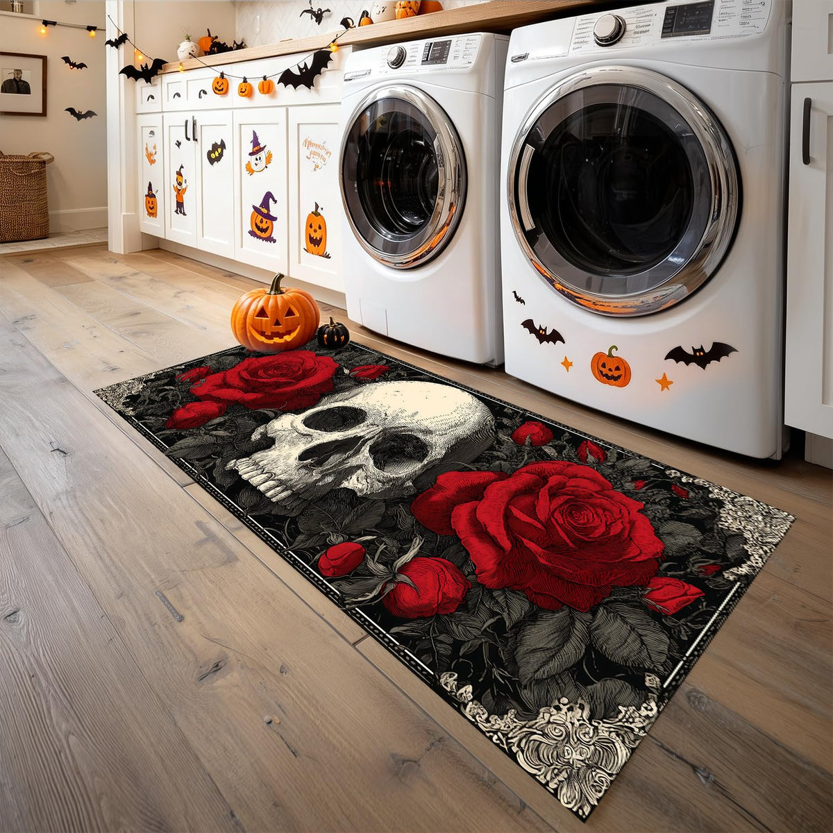 Red Rose Skull Laundry Room Rug 20x47 Inch (#92)