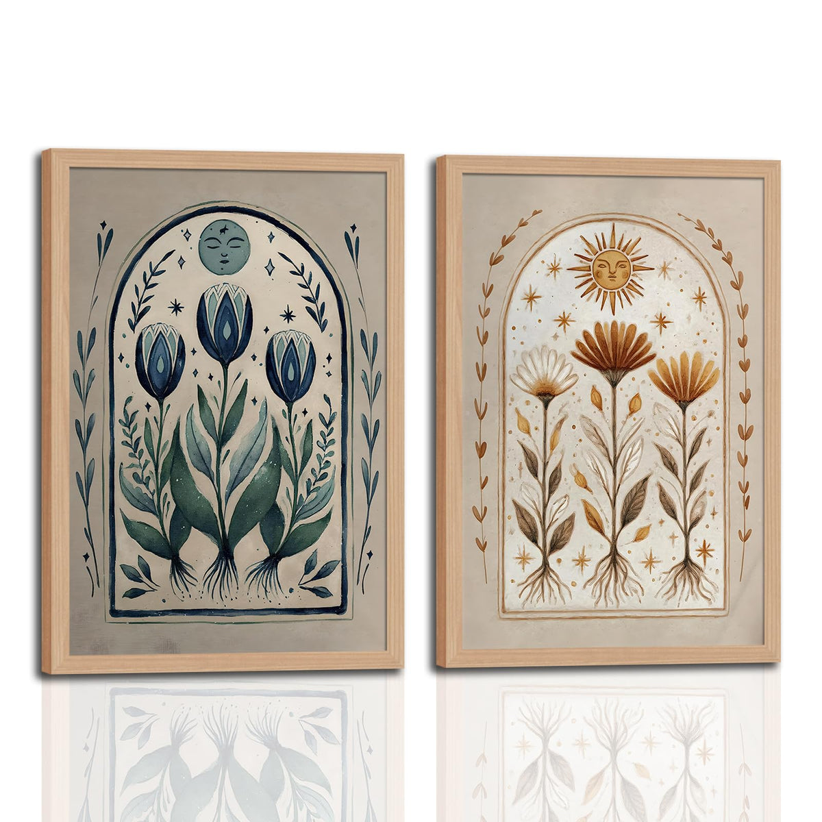 Boho Moon and Sun Wall Art Set of 2 (Blueandyellowflowers / 16"L x 24"W)