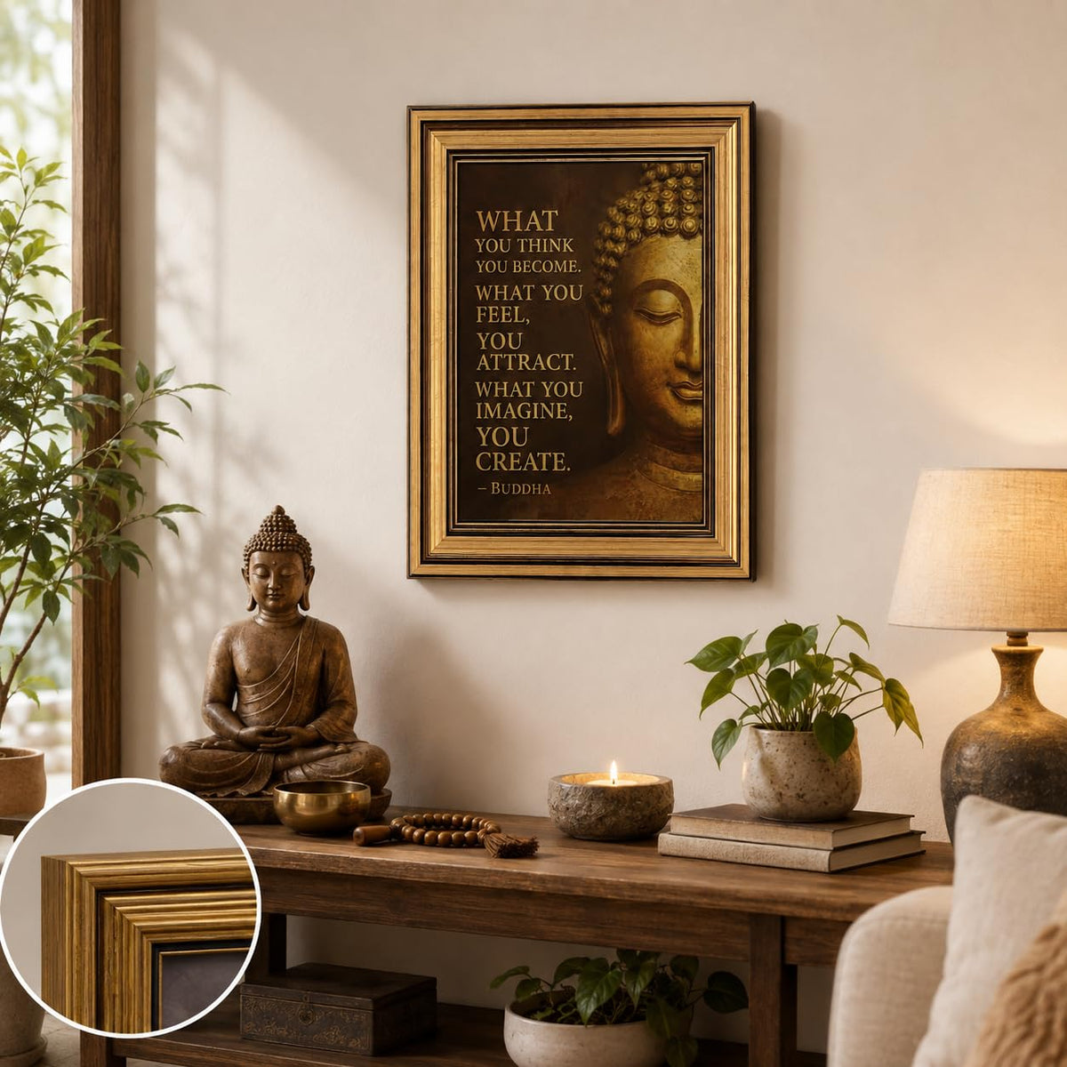 Vintage Gold Framed Buddha Quote Canvas Wall Art 12x16In (Buddha A / 16"L x 12"W)