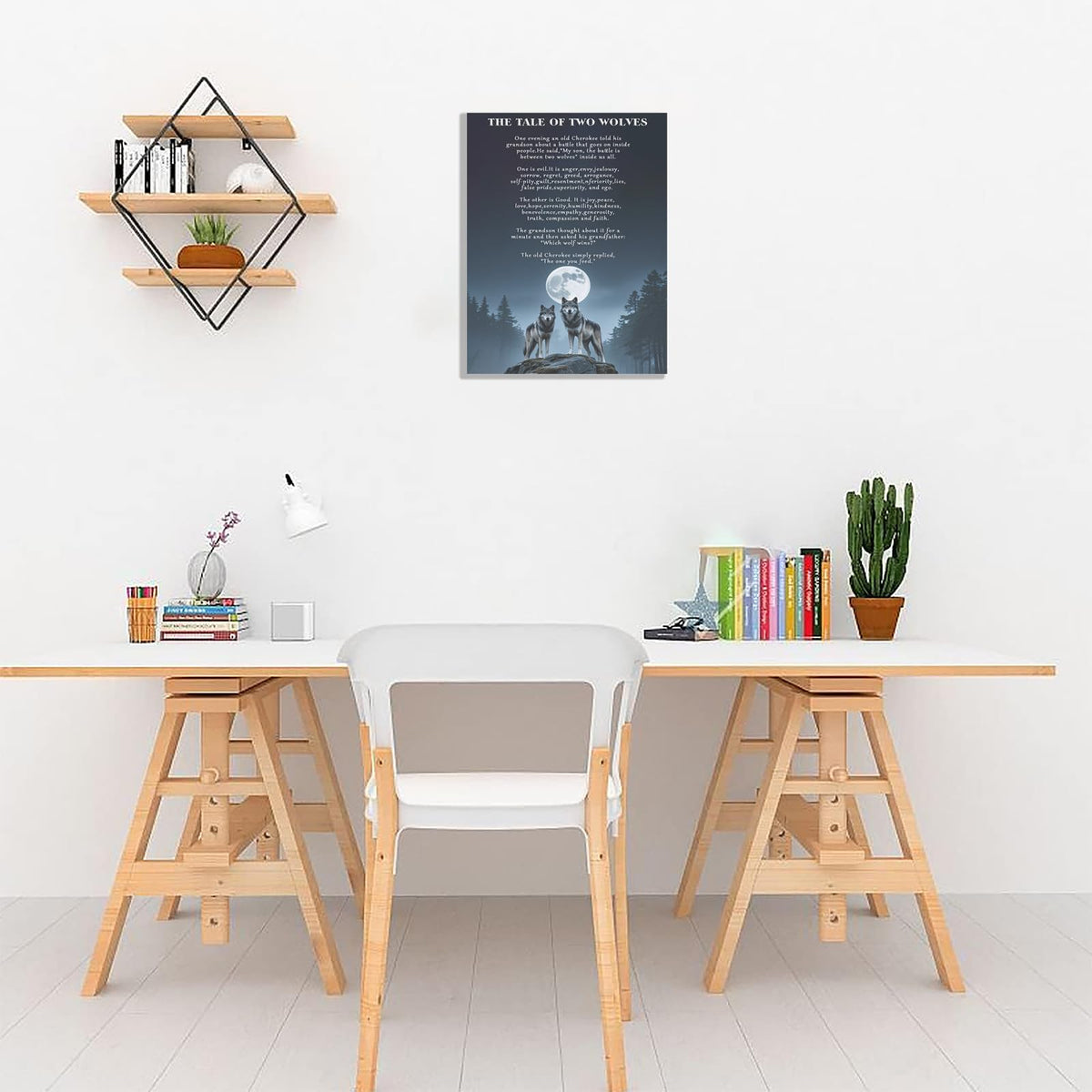 The Tale of Two Wolves Quote Canvas Wall Art Inspirational Wolf Poster Motivational Modern Artwork Prints for Bedroom Bathroom Office Home Decor Framed 12 * 18 Inch (18"L x 12"W / White 6)