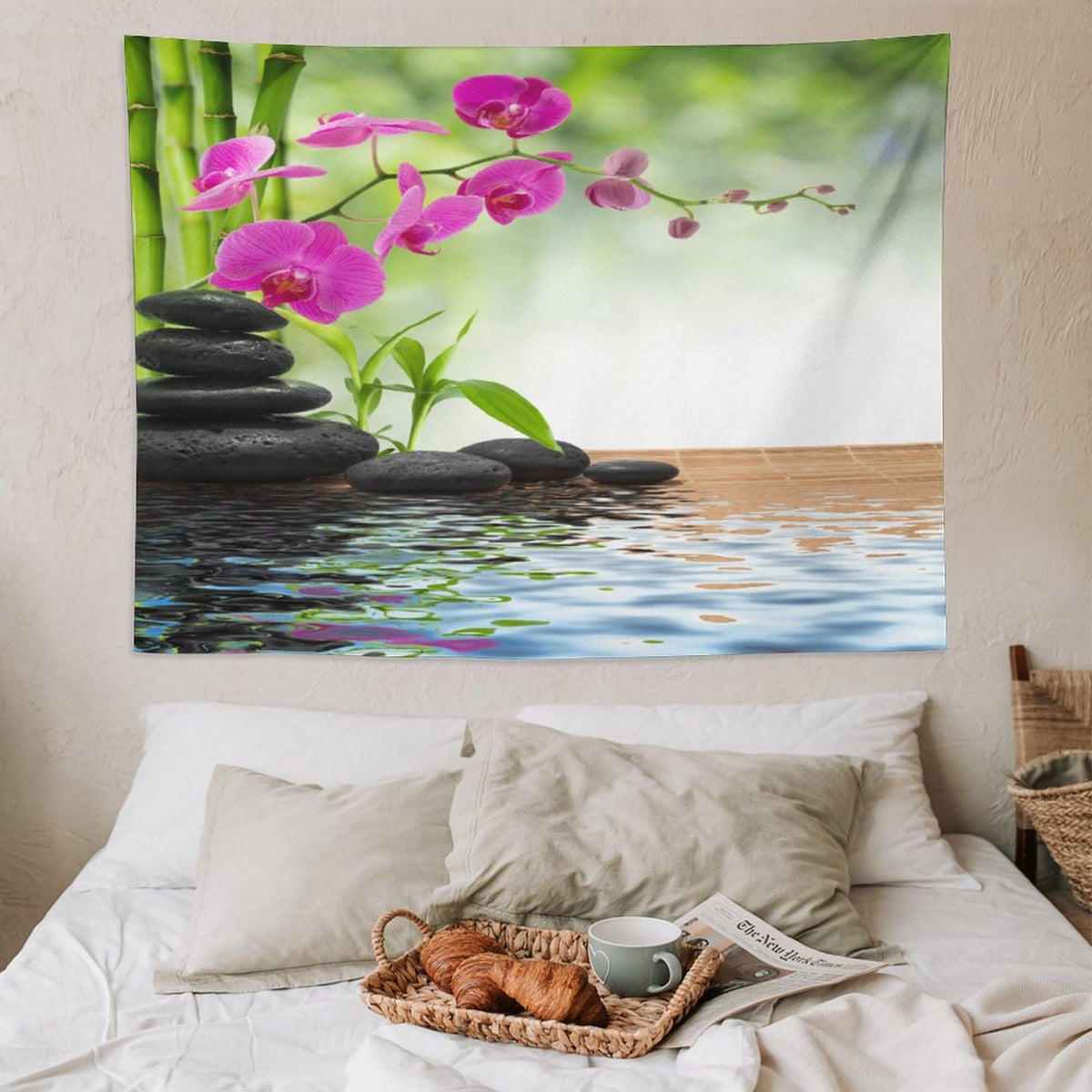 Spa Tapestry Wall Hanging Orchid Flowers Pebble Stones and Bamboo on Water Image Tapestries Home Decor for Living Room Bedroom Farmhouse Kitchen Dorm 60"x80" (60"L x 80"W / Zen-3)
