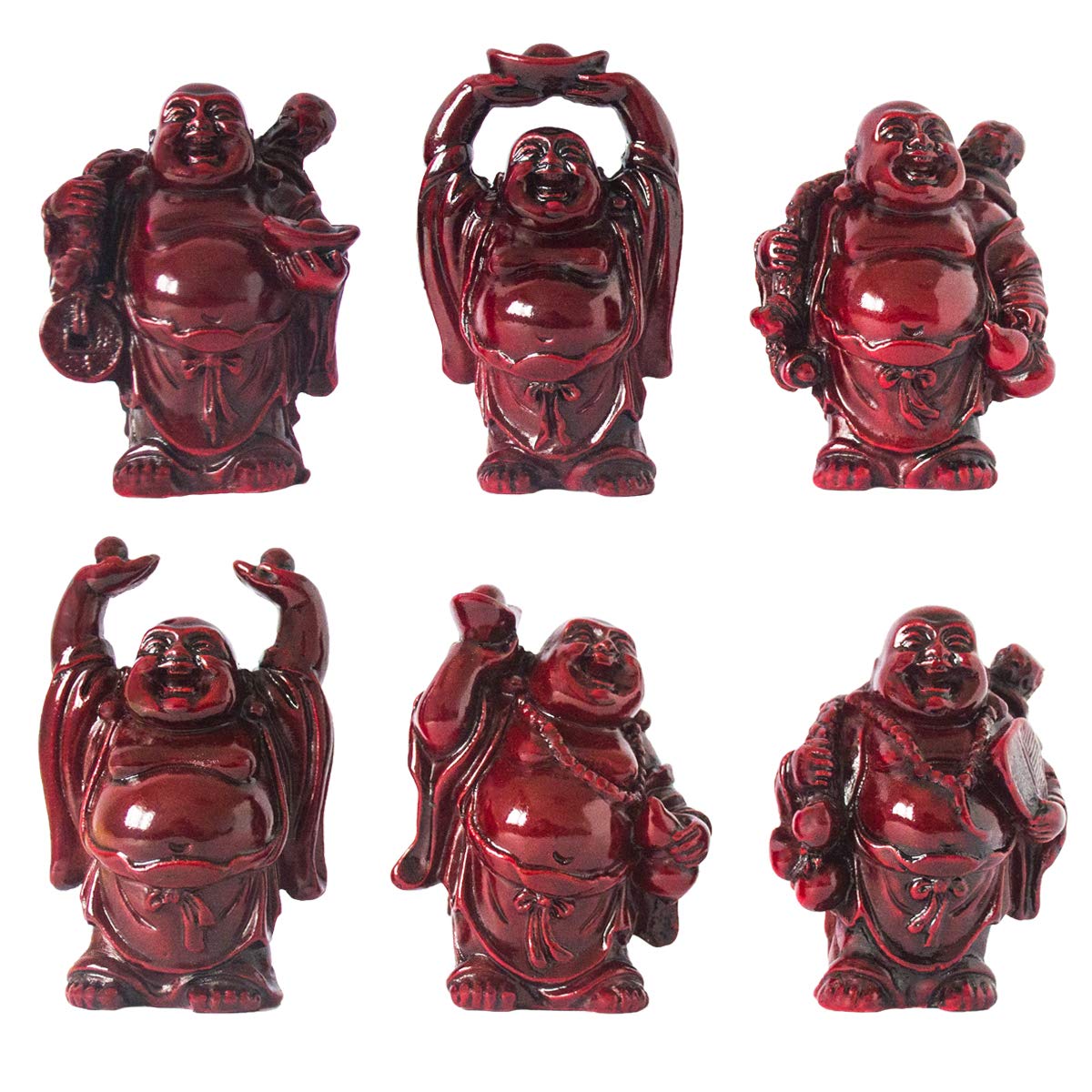 Set of 6 Laughing Happy Buddha Statue Resin Figurines Feng Shui for Luck Wealth Good Gift and Collection (Dark Red / 2.5'')