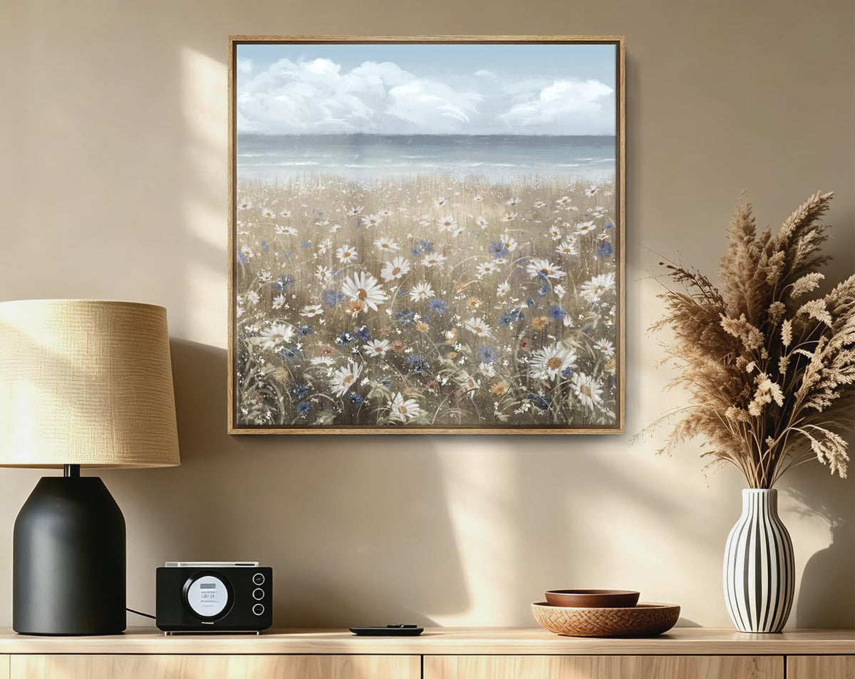 Framed Wall Art Bathroom Décor Boho Beach Coastal Vintage Floral Wall Picture Flower Daisy Flowers by Sea Canvas Print Nautical Small Artwork For Home Farmhouse Living Room Bedroom Office (Coastal Flower Sea Art / 13.5"L x 13.5"W)