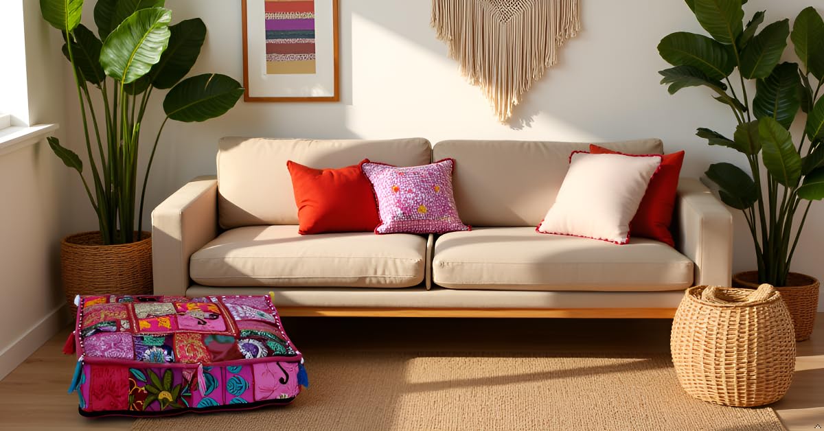 Indian Square Patchwork Traditional Pouf Cover Indian Living Room Poufs Decorative Embroidered Designer Ottoman Home Living Footstool Chair Cover Decor Pillow Cover 16x16x5 inches (16"D x 16"W x 5"H / Pink)