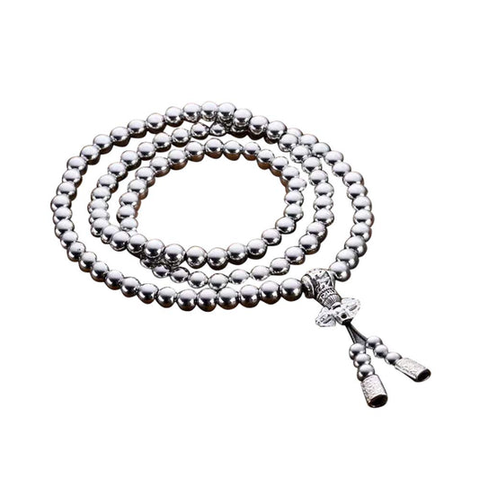 108 Buddha Beads Necklace for Men Stainless Steel Chain (Silver-Cross)