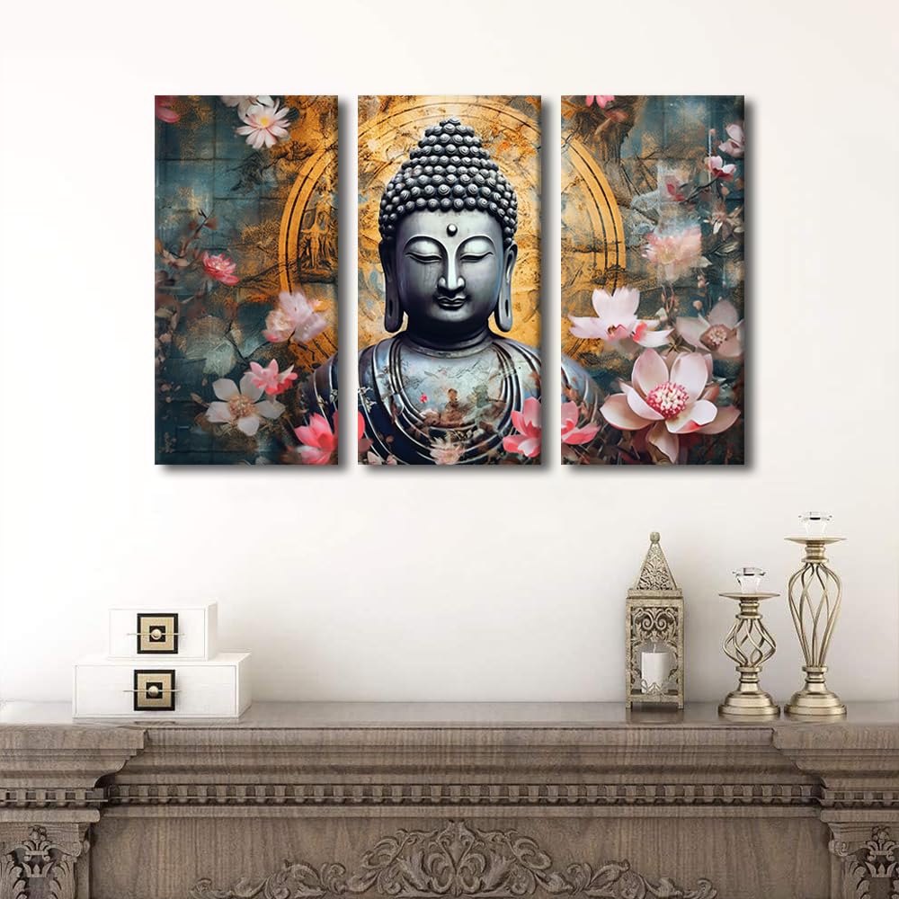 Wall Art Decor Modern Home Wall Canvas Art Buddha Sacred and Spiritual Poster Artwork 3 Panel Living Room Canvas Art Abstract Flower Wall Art Decor for Living Room Bedroom Decoration 36x24 in (36x24 in / 3PANEL-15)