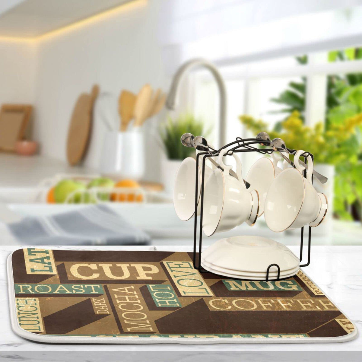 Super Absorbent Dish Drying Mat (Coffee Themed Seamless Retro / 16" x 18")