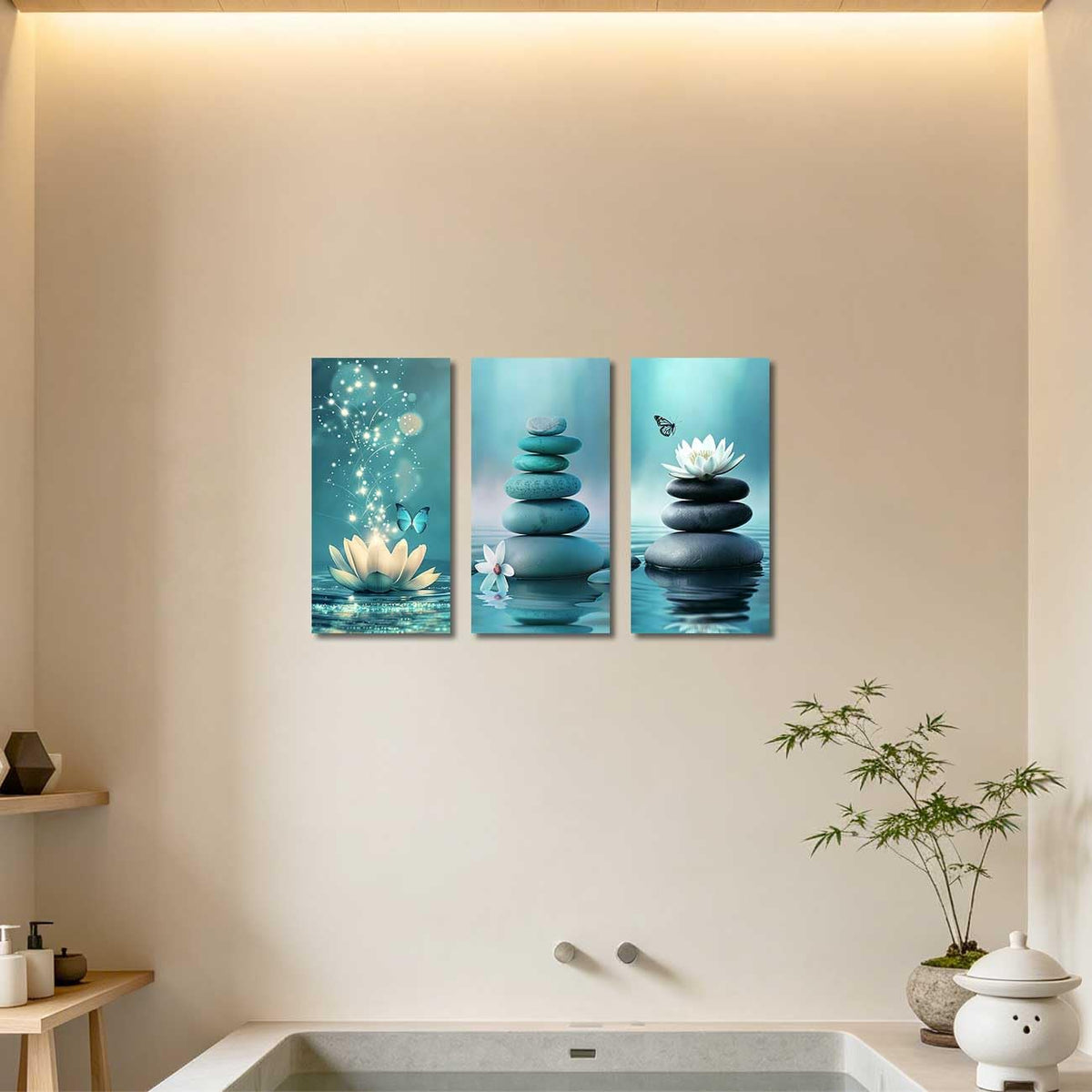 Set of 3 Zen Bathroom Canvas Wall Art Prints Teal Zen Stone Poster Water Lily with Butterfly Paintings Picture Yoga Meditation Artwork Spa Room Decor (Teal / 40x20inx3 Pieces)