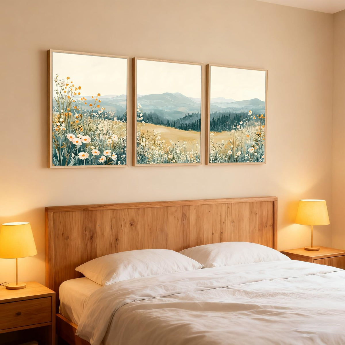 3Pcs Meadow Wildflower Landscape Canvas Wall Art Natural Mountain Prints (Mountain Landscape / 12x16 Inches)