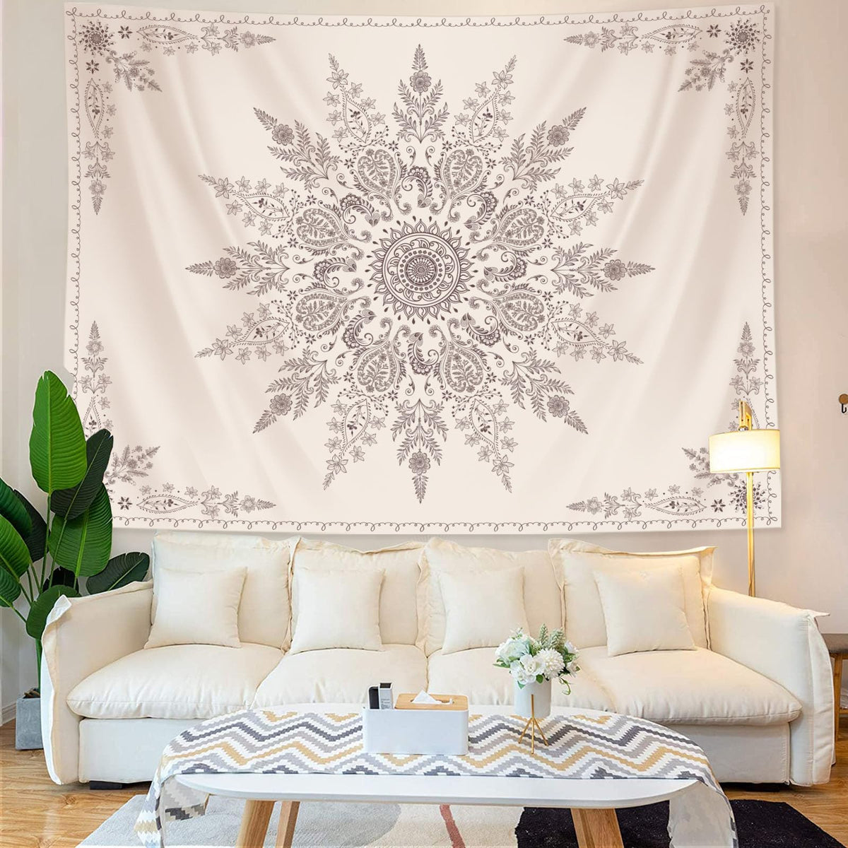 Boho Floral Tapestry Mandala Wall Tapestry (90"L x 70"W / Off White)