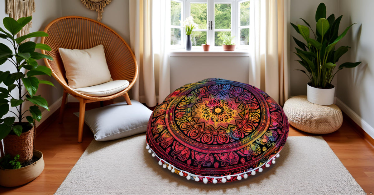 32" Large Round Bohemian Floor Pillow Cover Boho Pouf Cover Mandala Meditation Room Pillows Cover Adults Seating Poufs Cushion Cover for Kids Reading Playroom Multi Elephant (Multi Elephant)