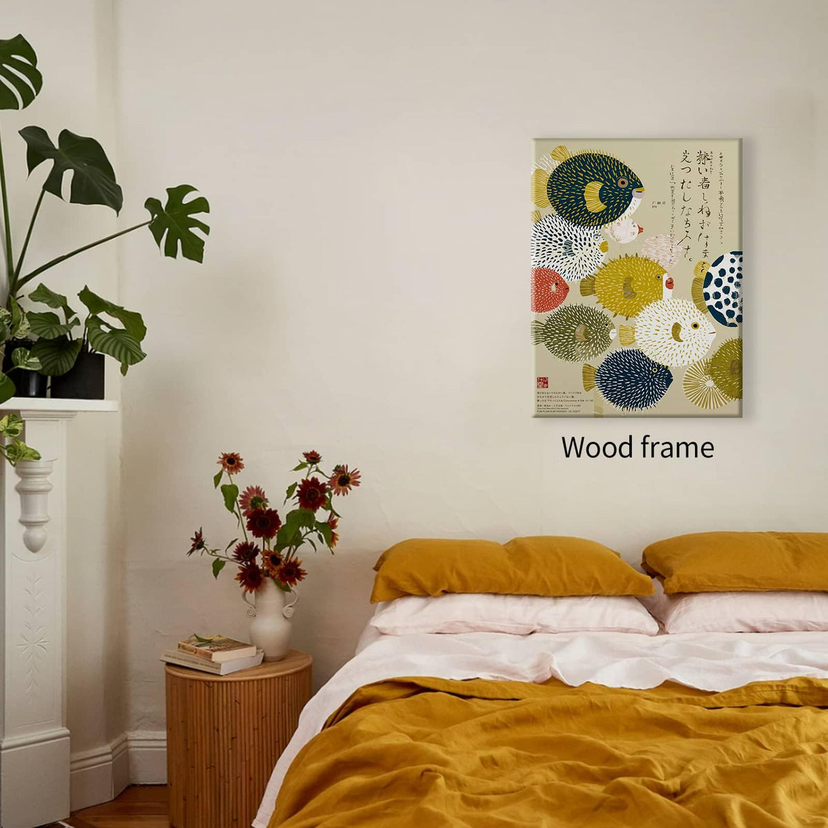 Vintage Japanese Wall Art Puffer Fish Print Poster Colorful Fish Pictures Painting Mid Century Modern Artwork Decor Ready to hang 20x30in Wrapped Framed for Minimal Coastal Home Bedroom Living Room (Wrapped Canvas / Japanese Canvas / 30"L x 20"W)