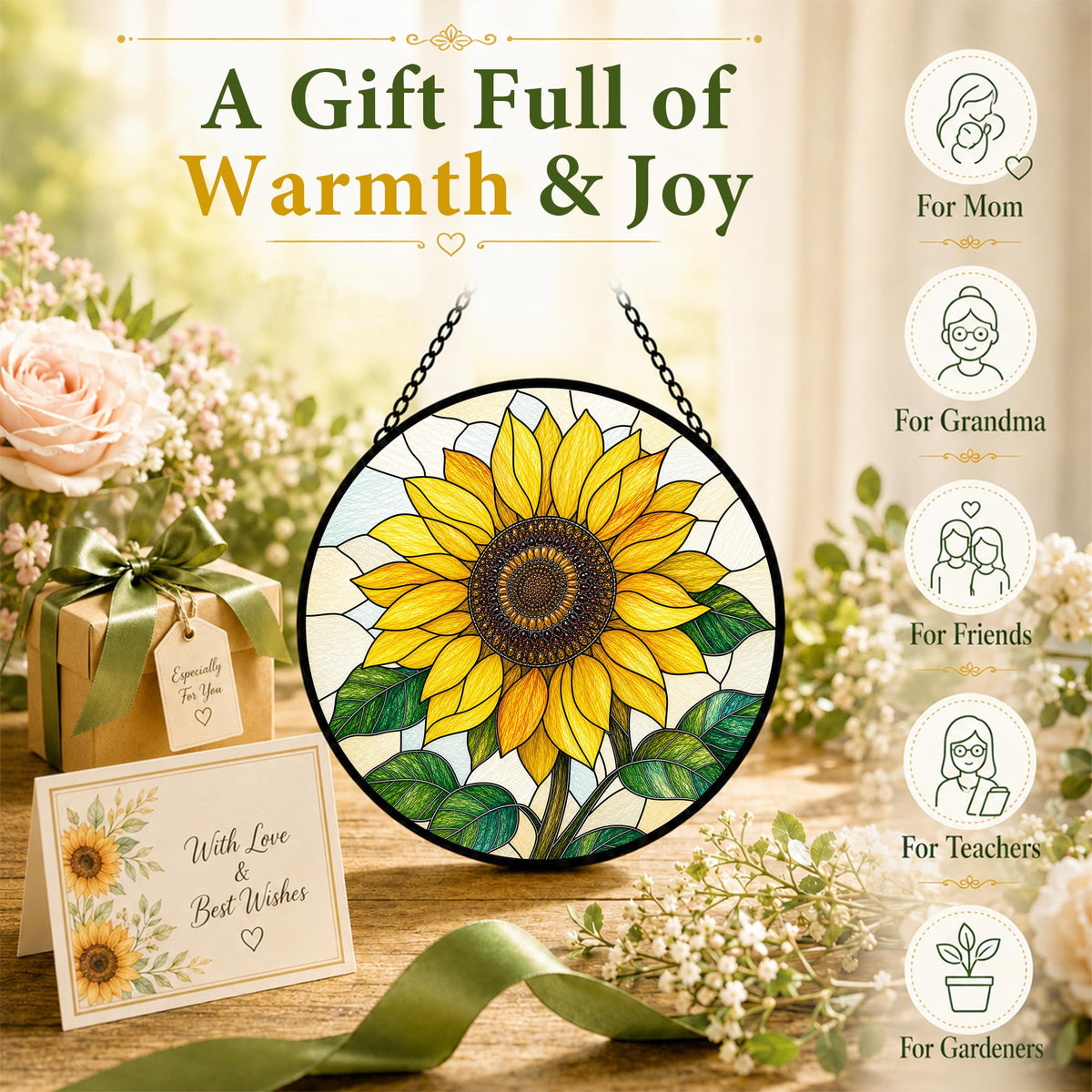 Sunflowers Gifts for Women Stained Glass Window Hanging Sun Catcher 9.8 in (Sunflower / 9.8 x 9.8 IN)