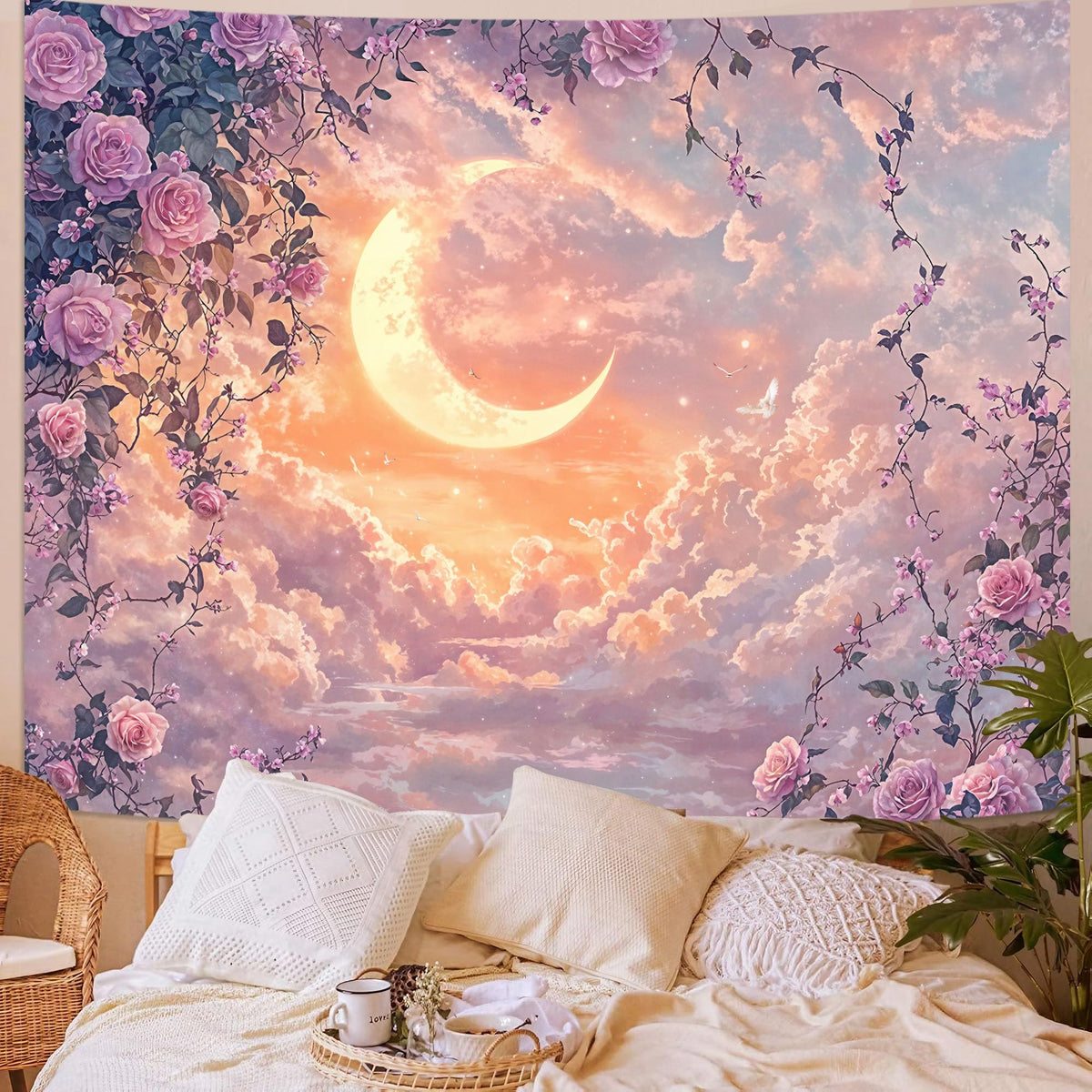 Pastel Rose and Moon Tapestry (90"L x 70"W / Purple Yellow)