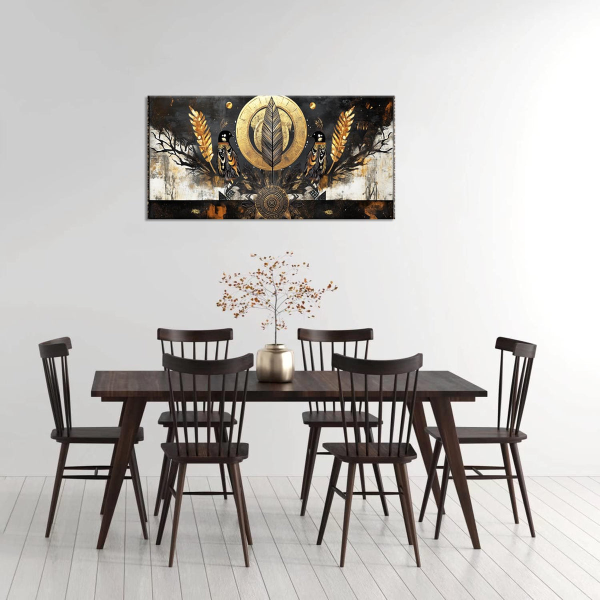 Gold Black Two Symmetrically Ravens Wall Art for Living Room Office Mystical Symbolic African Tribal Painting Prints Abstract Canvas Artwork Dining Bedroom Decor Large (Abstract / Gold Black Two Ravens Wall Art / 46"L x 23"W)