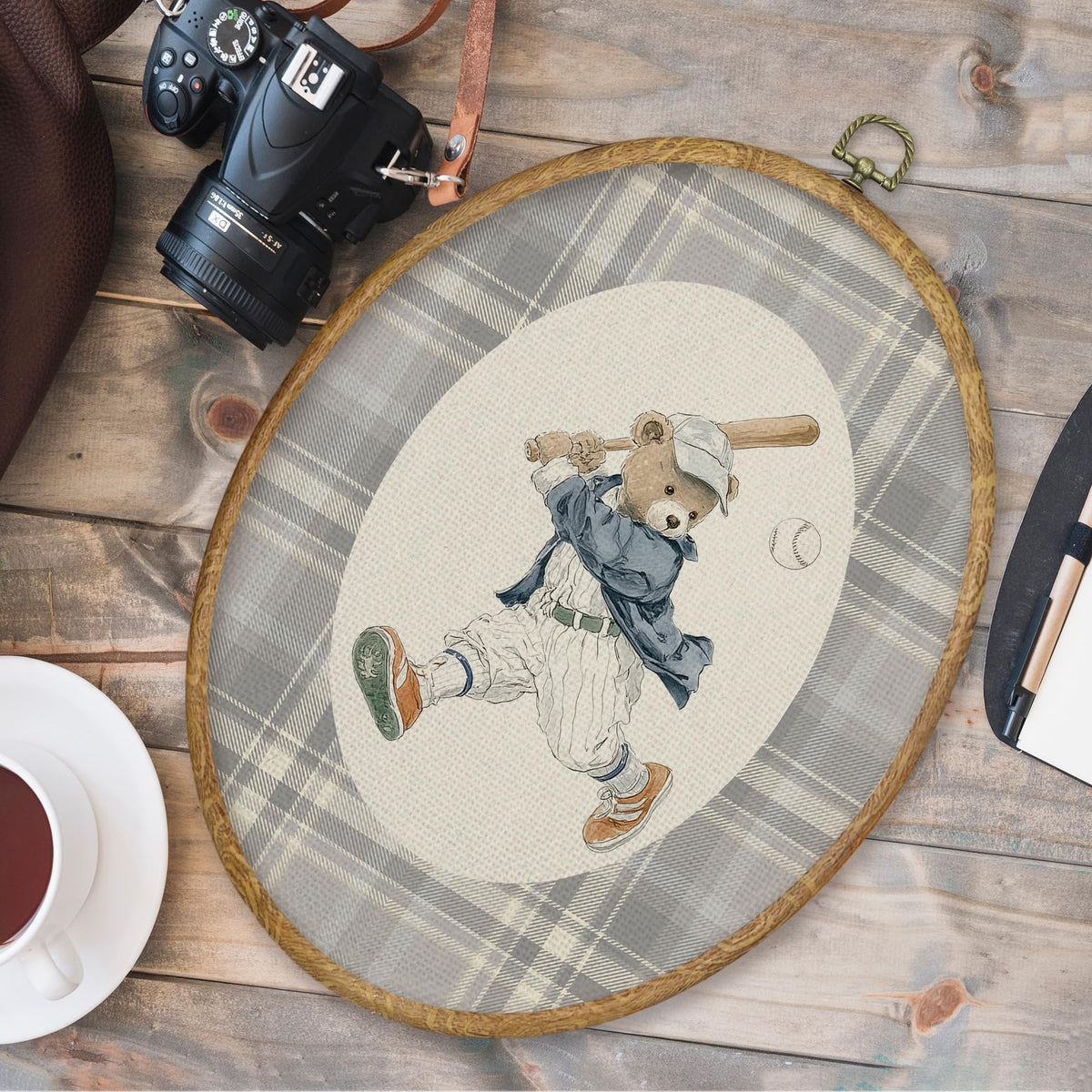 Vintage Baseball Bear Nursery Oval Wall Art Decor Products (Colour17)