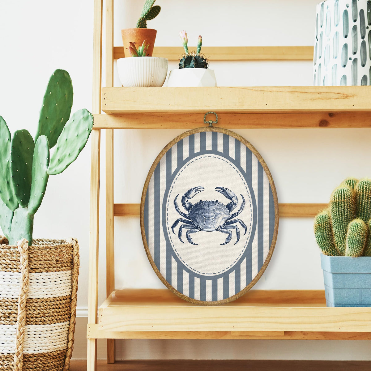 Blue Coastal Beach Crab Oval Wall Art Decor (Color056)