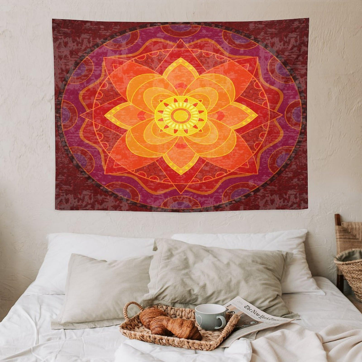 Red Mandala Tapestry Wall Hanging Bright Circular Ethnic Pattern Native Indian Ornament Tapestries Home Decor for Living Room Bedroom Kitchen Dorm 30"x40" (30"L x 40"W / Mandala-9)