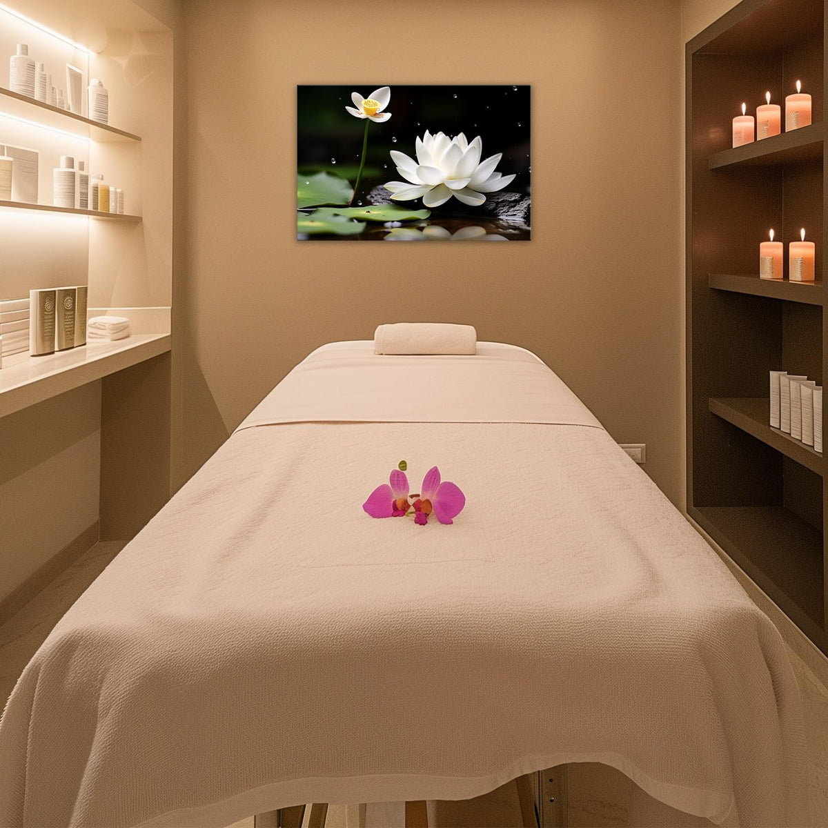 Zen Canvas Wall Art White Lotus Bloom In Water With Spa Stone Pictures Lotus Pond Painting Serene Spiritual Decor for Yoga Meditation Room Living Room Office (Artwork 05 / 24"L x 16"W)