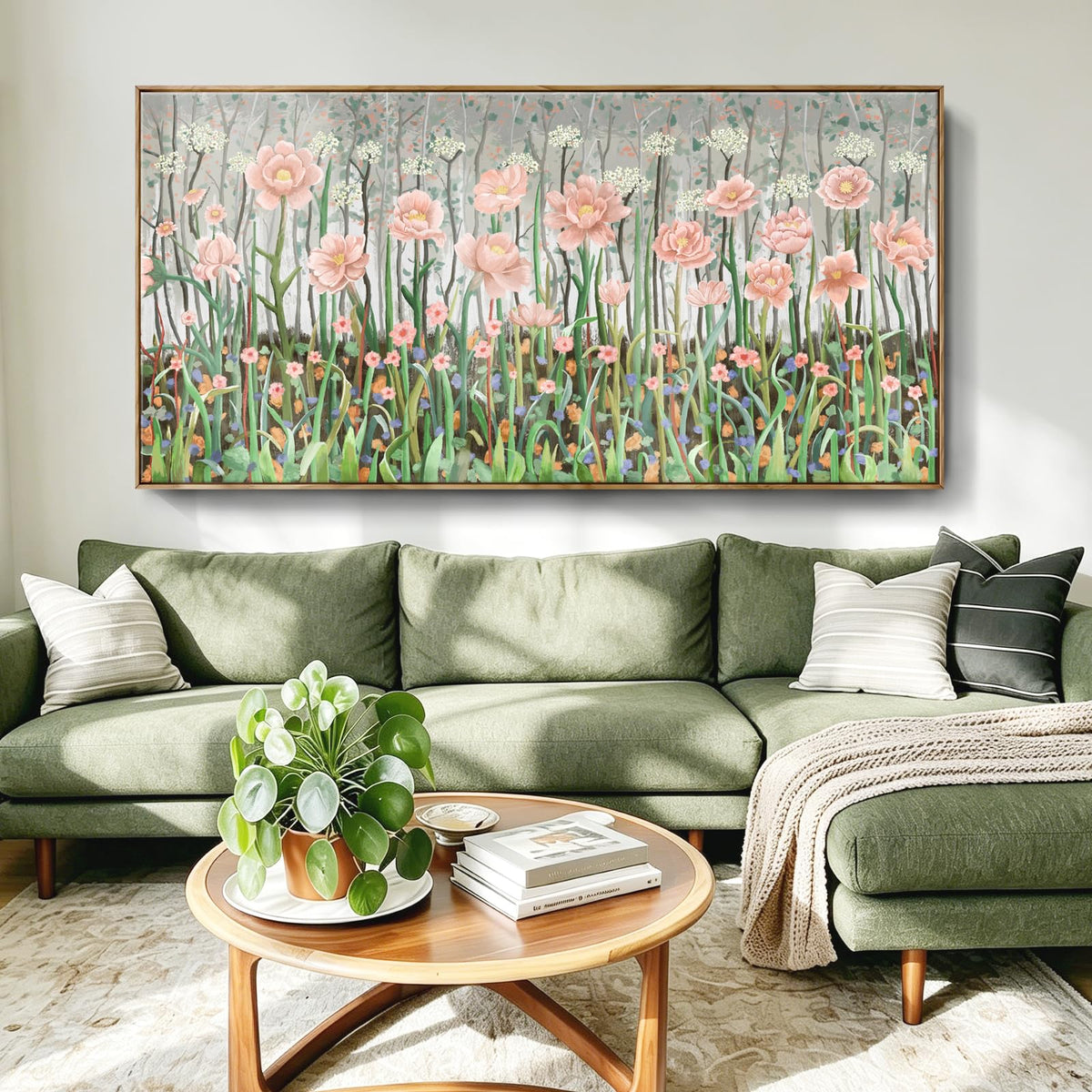 Extra Large Framed Country Modern Natural Landscape Wall Art For Living Room (Pink Green Wall Art / 58"L x 29"W(Framed))