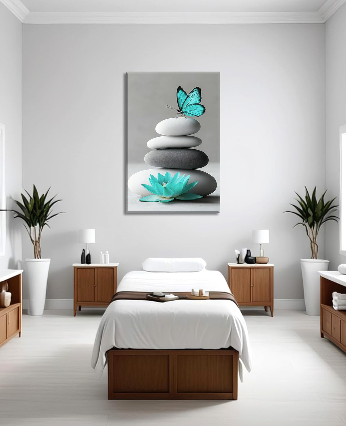 Zen Canvas Wall Art Lotus Decor Spa Stones and Butterfly Picture Water Lily Painting Teal Prints Meditation Artwork for Bathroom Spiritual Yoga Decor Framed (36"L x 24"W / E - Zen)