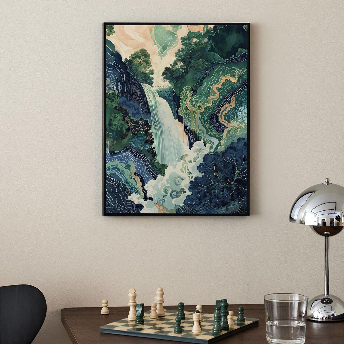 Japanese Landscape Black Framed Prints Poster Abstract Nature Mountain Canvas Wall Art 8x10 inch Vintage Asian Waterfall Painting Ukiyo (Black Framed / Japanese Painting / 10"L x 8"W)