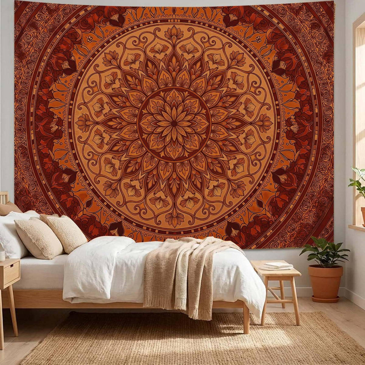 Tapestry Mandala Ornate Circular Pattern Tapestries Bohemian Orange Floral Tapestries Warm Earth Tone Wall Tapestry Bedroom Dormitory Living Room Decoration 60"x44" (60"L x 44"W / Tan)