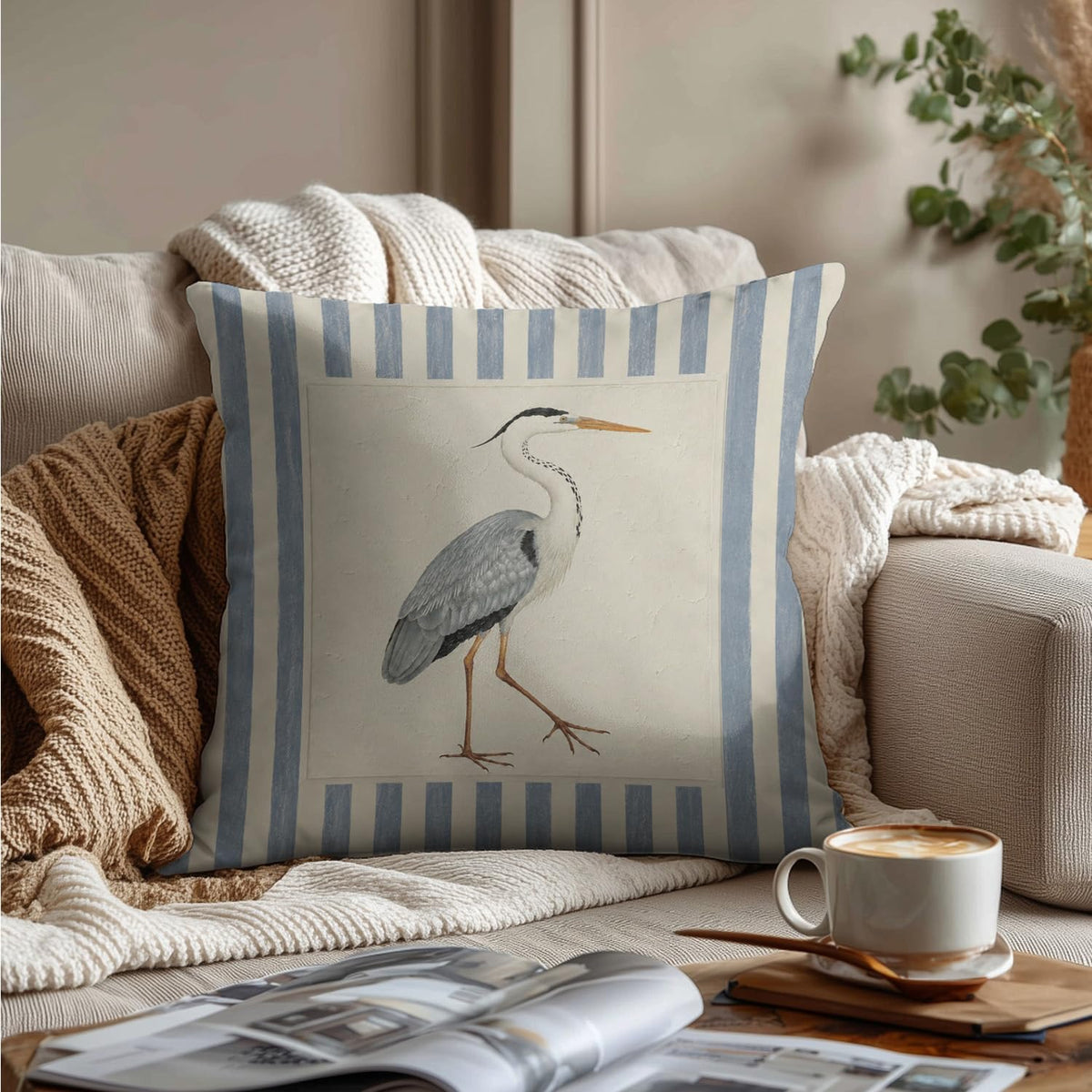 Great Blue Heron Striped Pillow Cover 18x18 (White-blue Heron Bird 18)