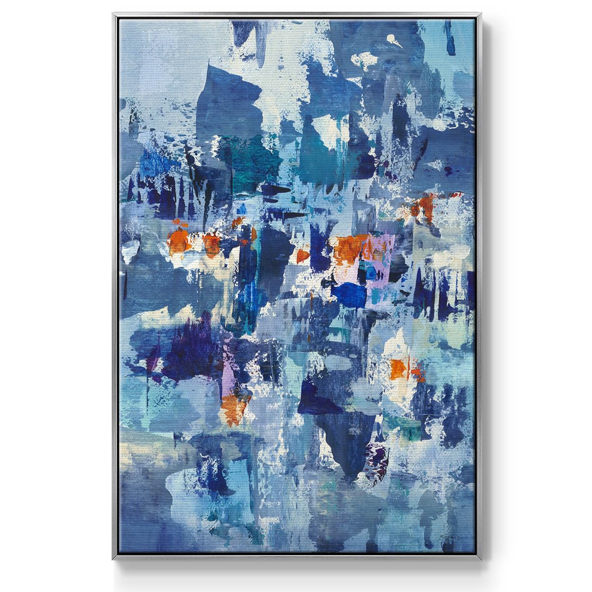 Canvas Art Silver Floater Framed Prints Rustic Teal Blue Brushstrokes Splash Abstract Wall Decorations for Kitchen Hotel Restaurants Walls (37"L x 25"W / Reticent III)