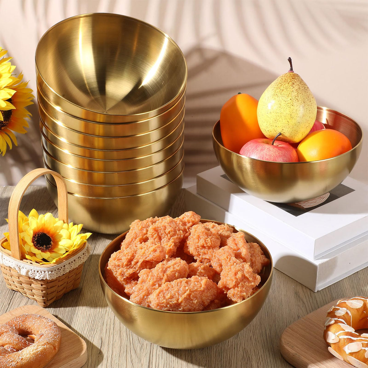 10 Pcs 7.9 Inch Gold Bowls Stainless Steel Salad Mixing Bowls (7.9 Inch / Gold)