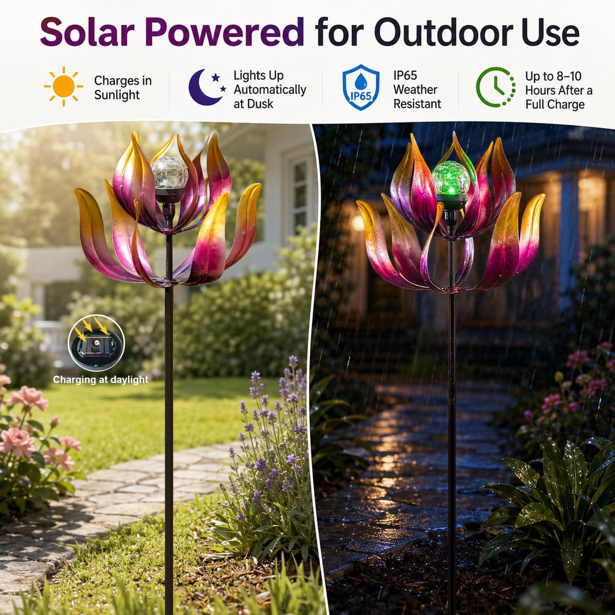 Solar Wind Spinner Outdoor Metal Decor (61" Purple Lotus)
