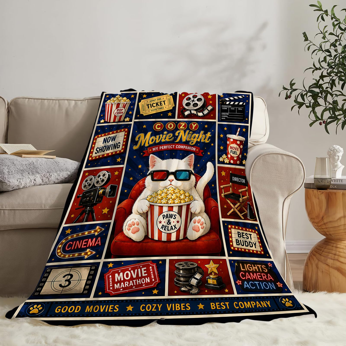 Movie Night Cat Blanket (60"x80" / Movie Night Cat)