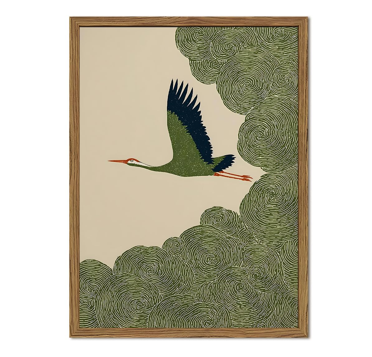 Framed Japanese Flying Crane Wall Art (Green Bird / 24"L x 16"W)