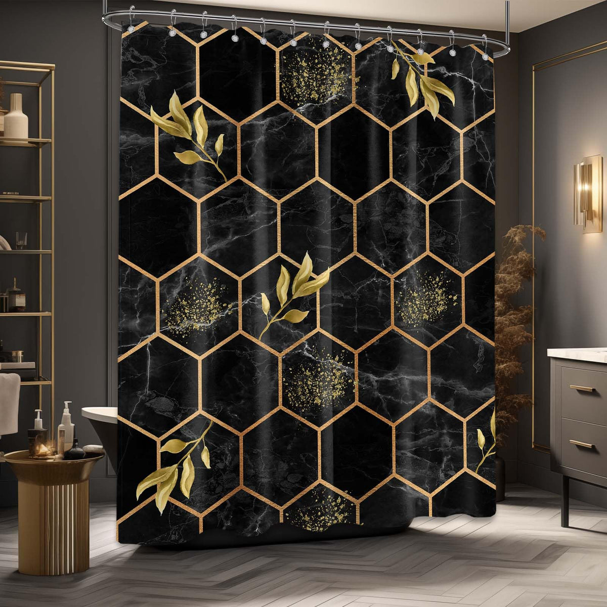 Black and Gold Shower Curtain Modern Geometric Abstract Mens Shower Curtains for Bathroom Decor Sets (Black Gold / 36"W x 72"L (Pack of 1))