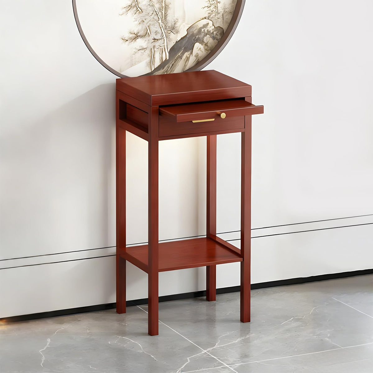 Solid Wood Altar Table with Retractable Tray & Drawer (Reddish Brown / 13.7")