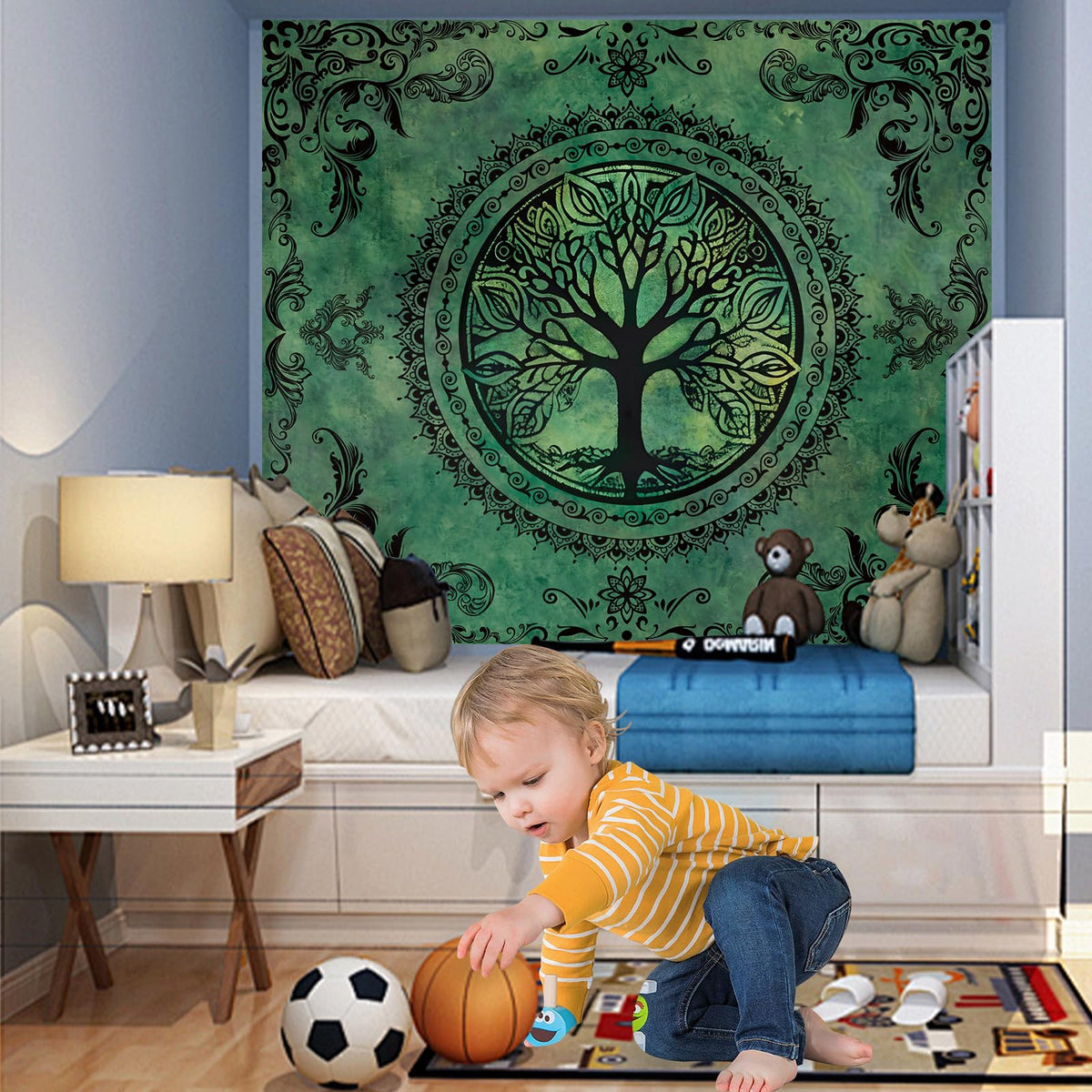 Green Boho Tapestry for Bedroom (60"L x 51"W / Green Tapestry)