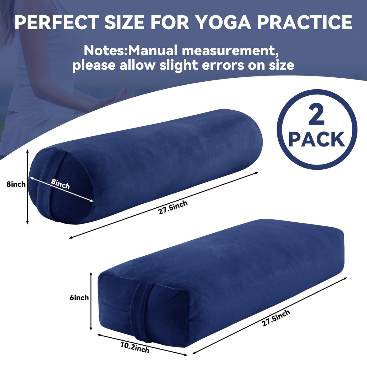 2 Pcs Yoga Bolster Pillow for Restorative Yoga (Dark Blue)