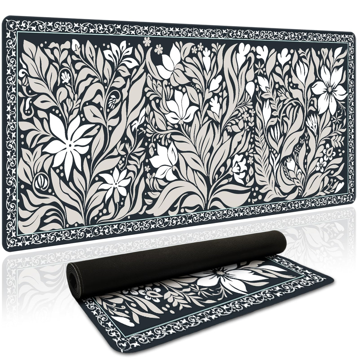 Dark Vintage Botanical Desk Mat (Navy Botanical Line Art / 35.4" x 15.7")