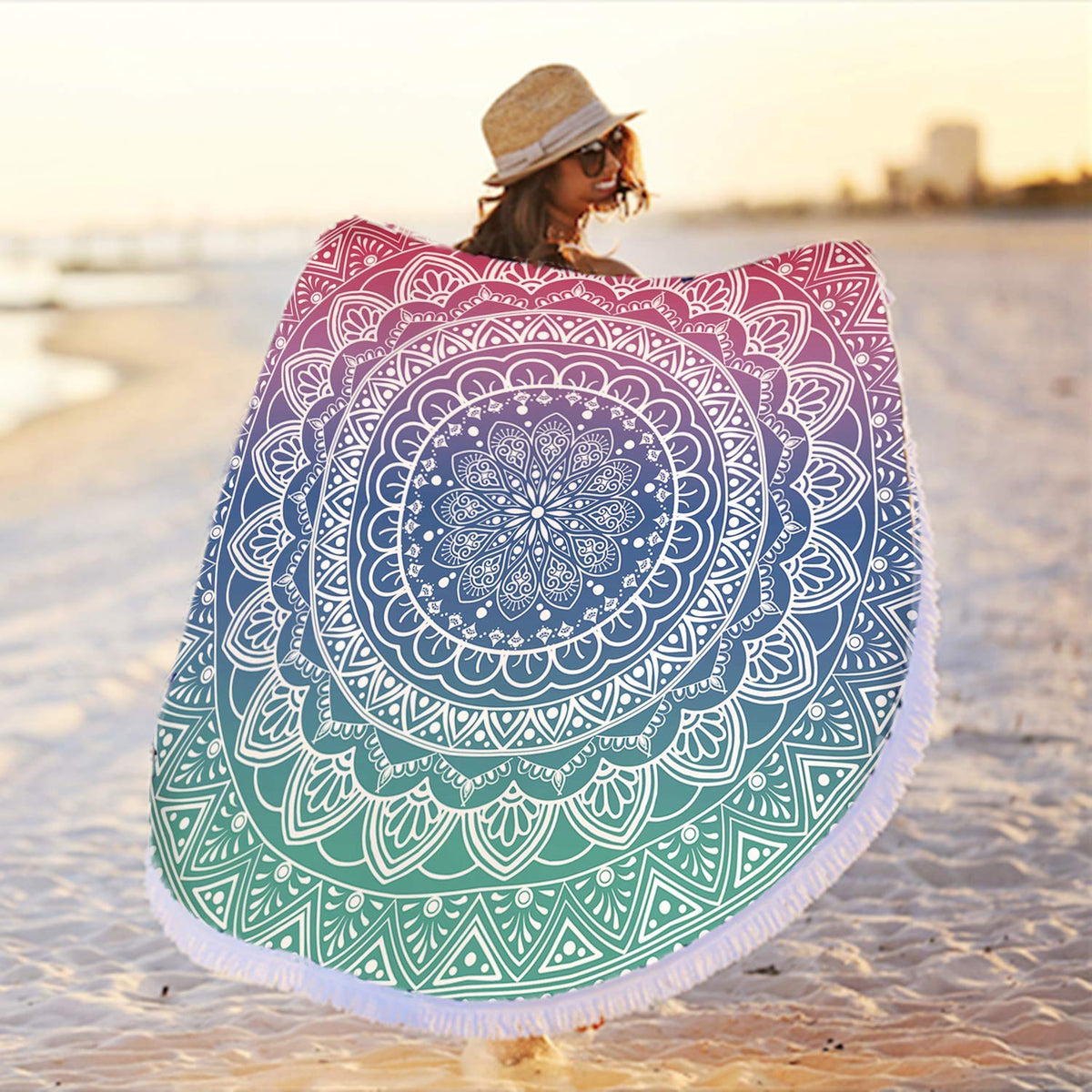 Oversize Round Mandala Beach Towel Blanket (Green Pink Mandala Beach Towel)