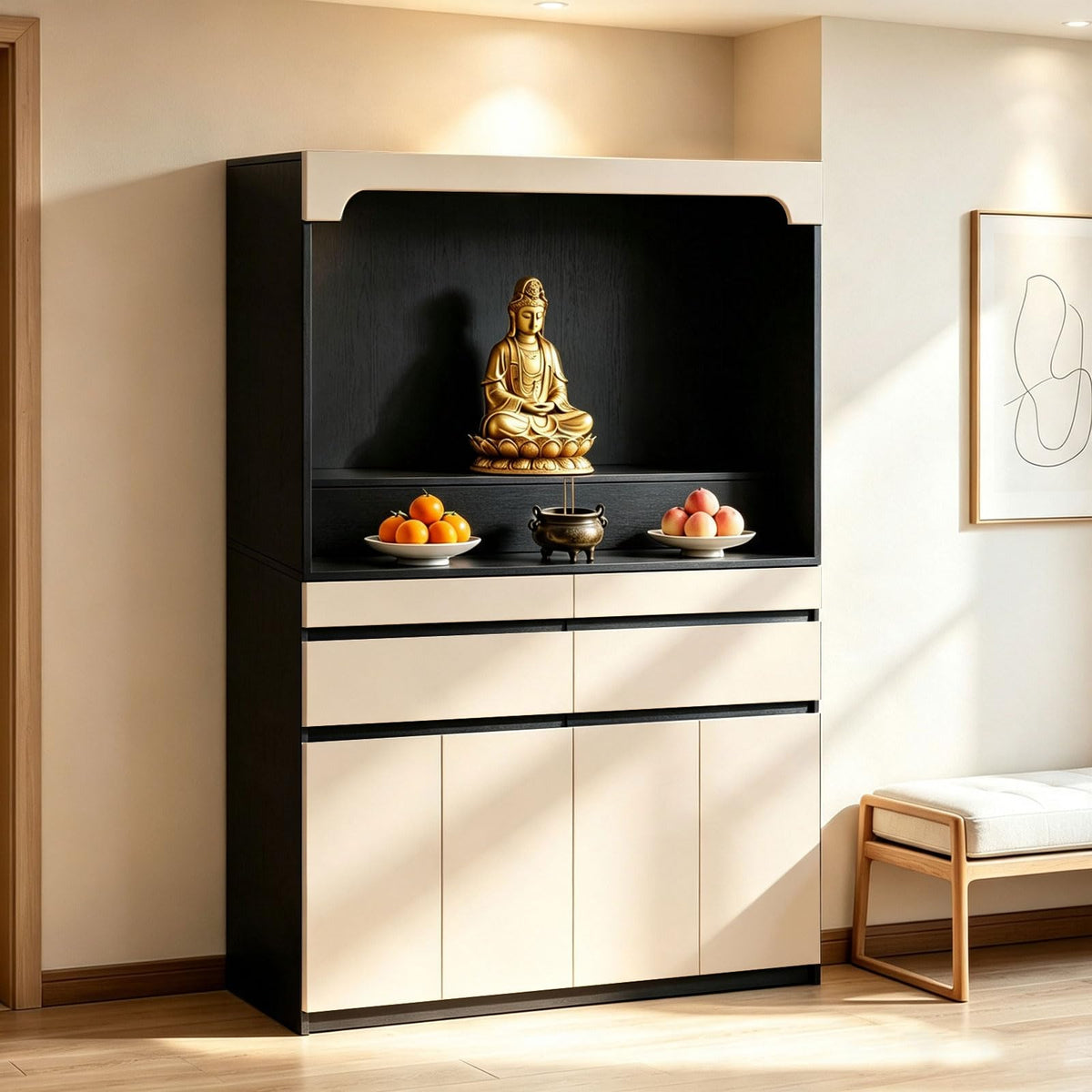Altar Table Pooja Cabinet with Drawers and Storage Cabinets (43.3×15.7×65.4in / Beige+black)