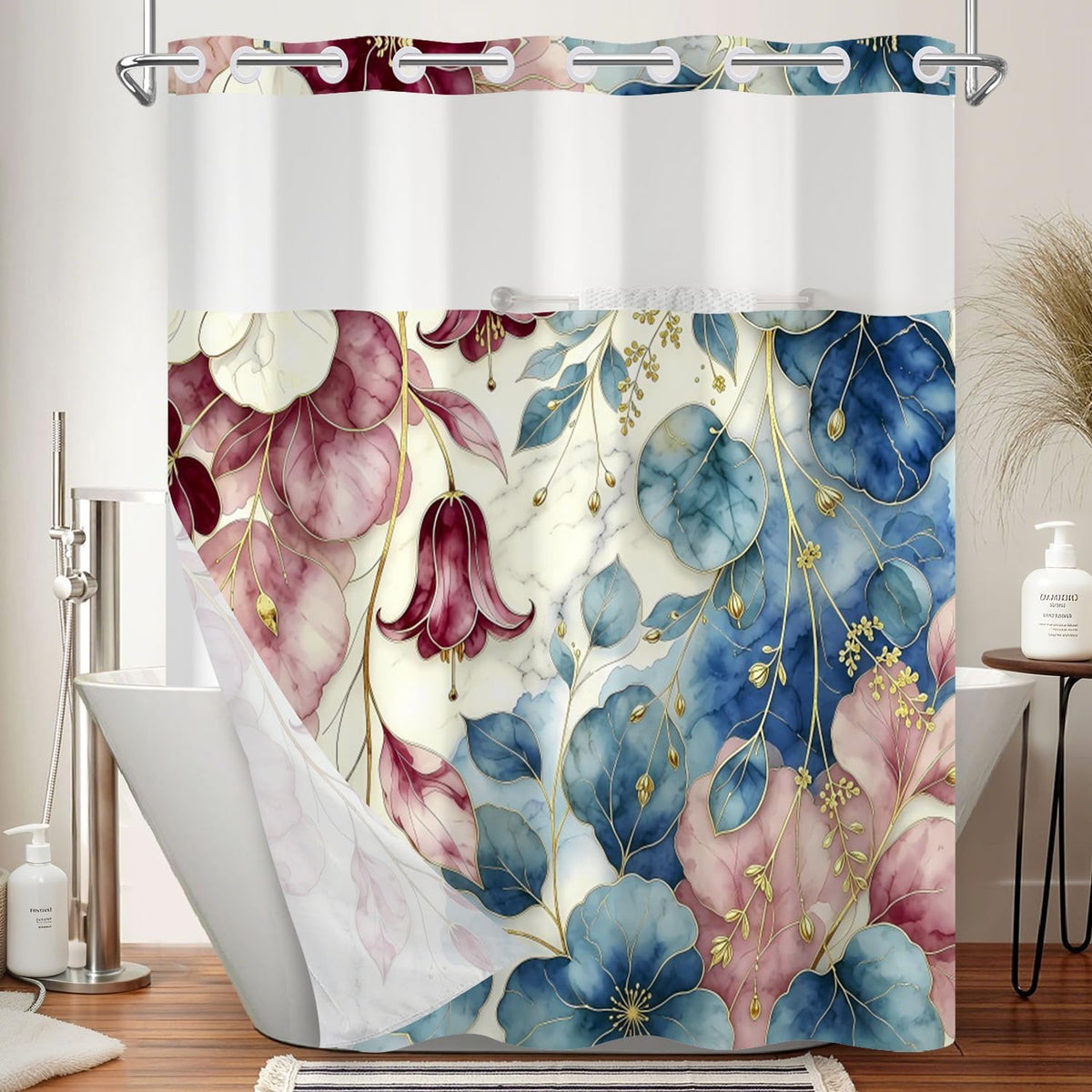 Luxury Art Floral Shower Curtain with Snap in Removable Liner (Abstract Floral)