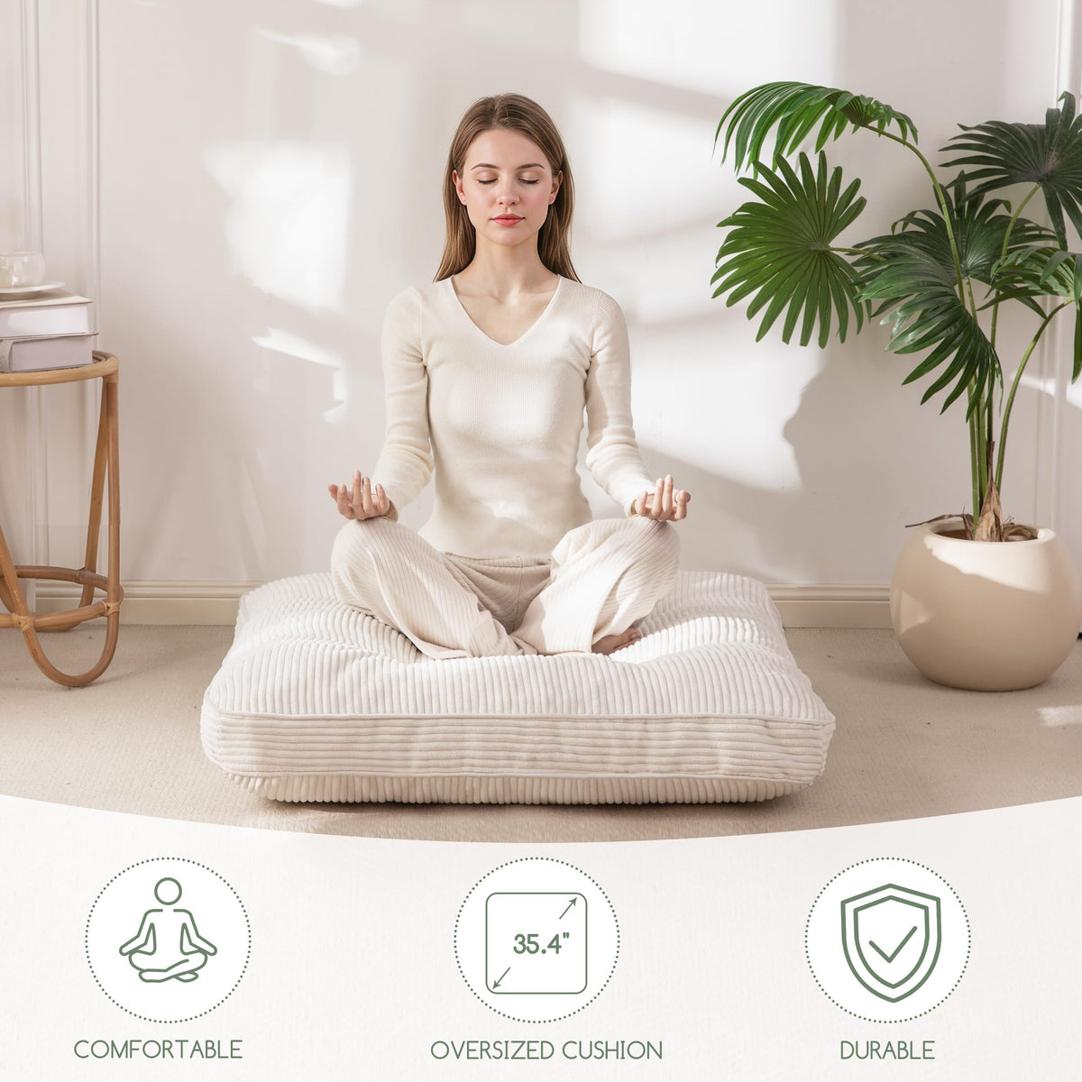 35" Floor Pillow Cushion for Adults (Beige / 4" Thick Square)