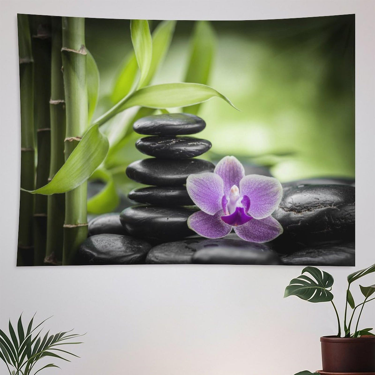 Zen Tapestry Wall Hanging Bamboo Leaves Spa Garden Purple Floral Stones Lotus Flower Japanese Relaxation Meditation Tapestries Home Decor for Living Room Bedroom Kitchen 60"x80" (60"L x 80"W / Zen-10)