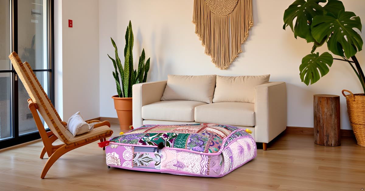 Indian Square Patchwork Traditional Pouf Cover Indian Living Room Poufs Decorative Embroidered Designer Ottoman Home Living Footstool Chair Cover Decor Pillow Cover 16x16x5 inches Baby Pink (16"D x 16"W x 5"H / Baby Pink)