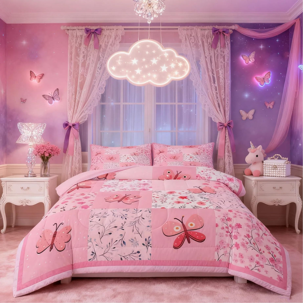 Girls Pink Comforter Set Twin Size 3 Pcs for Kids Boys Girls (Multi 821 / Twin)